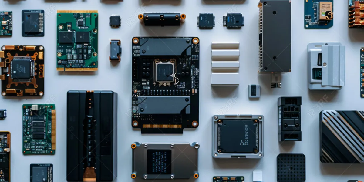 Collection of laptop components, processors, SSDs, and circuit boards displayed together, showcasing IK-TEC’s laptop parts and upgrade products in Egypt.