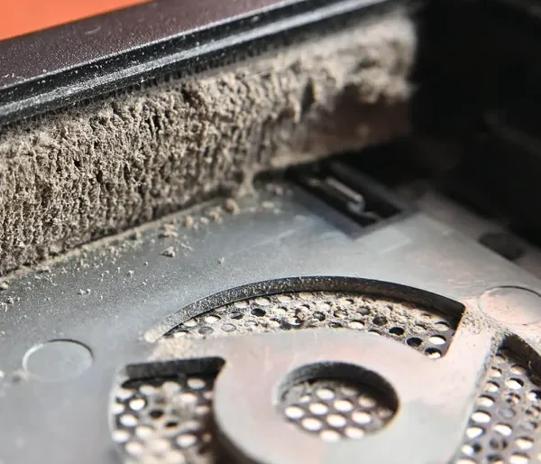 Thick layer of dust accumulated inside a laptop near the cooling fan, blocking airflow and causing serious thermal issues.