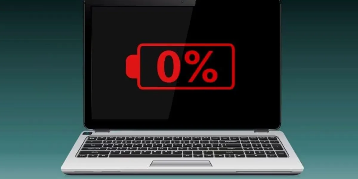 Laptop screen showing a 0% battery symbol, indicating a failing battery that needs repair or replacement.