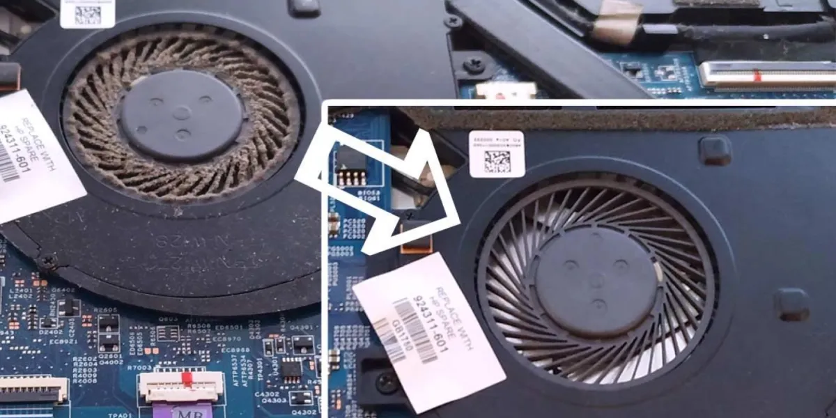 Laptop GPU chip with worn-out thermal paste, requiring thermal paste replacement as part of laptop overheating repair.